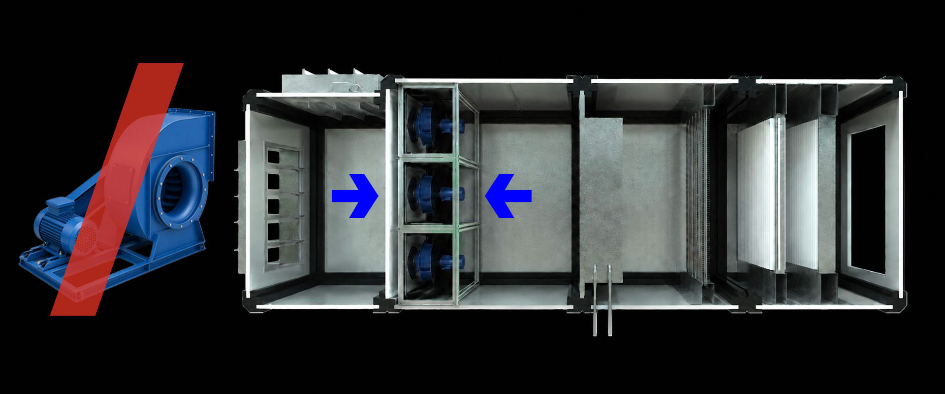 Comparativo visual: ventilador convencional com polia e correia (cancelado) versus arquitetura Smart Grid com múltiplos módulos EC em paralelo